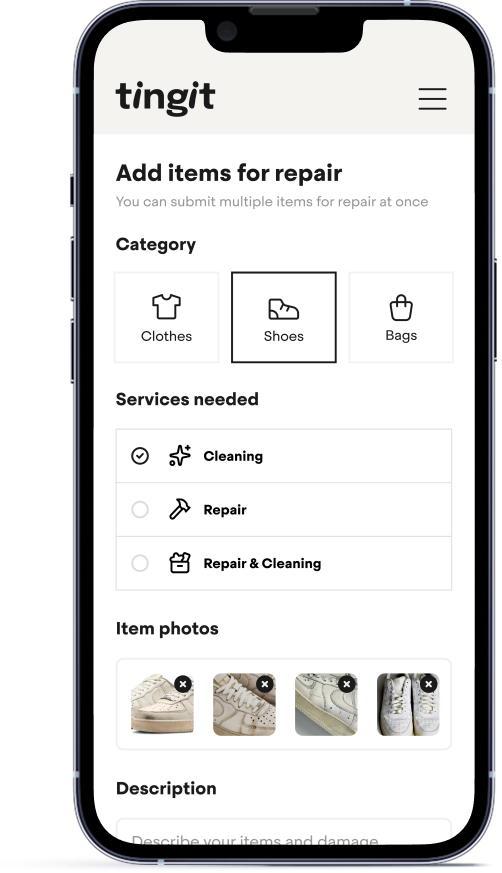 Tingit repair booking flow on a phone
